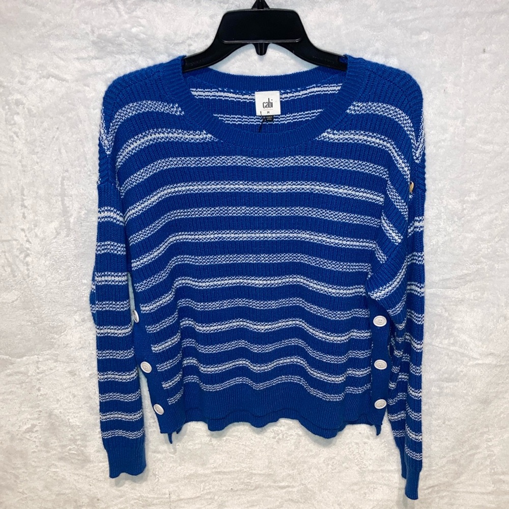 Cabi Med Womens Blue and White Stripe Spring Sweater